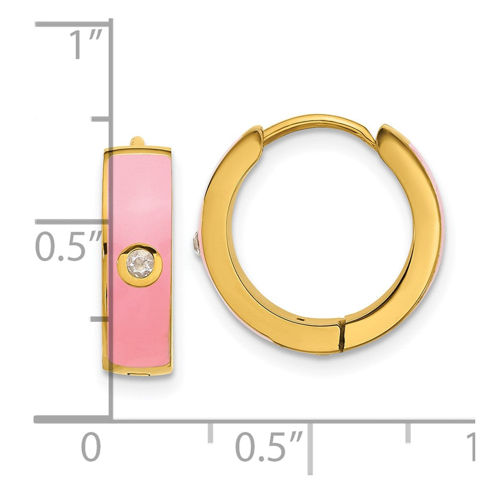 SRE1693 Chisel Stainless Steel Polished Yellow IP-plated with Pink Enamel and CZ 5mm Hinged Hoop Earrings