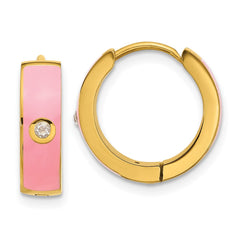 SRE1693 Chisel Stainless Steel Polished Yellow IP-plated with Pink Enamel and CZ 5mm Hinged Hoop Earrings