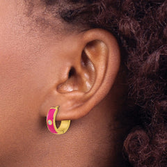 SRE1694 Chisel Stainless Steel Polished Yellow IP-plated with Dark Pink Enamel and CZ 5mm Hinged Hoop Earrings