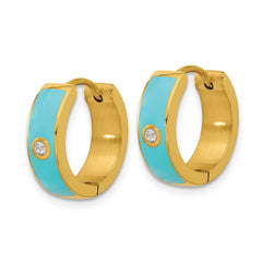 SRE1695 Chisel Stainless Steel Polished Yellow IP-plated with Blue Enamel and CZ 5mm Hinged Hoop Earrings