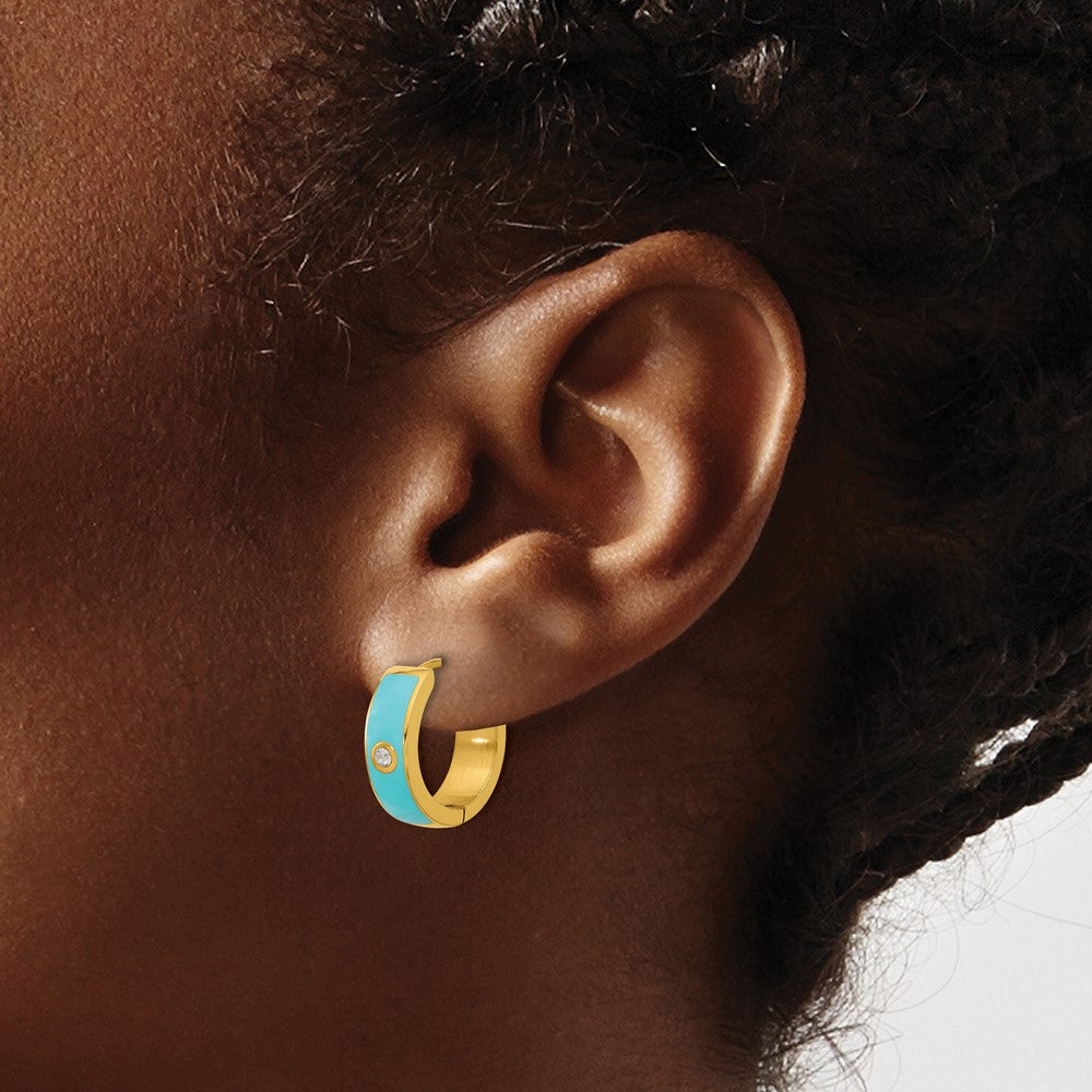 SRE1695 Chisel Stainless Steel Polished Yellow IP-plated with Blue Enamel and CZ 5mm Hinged Hoop Earrings
