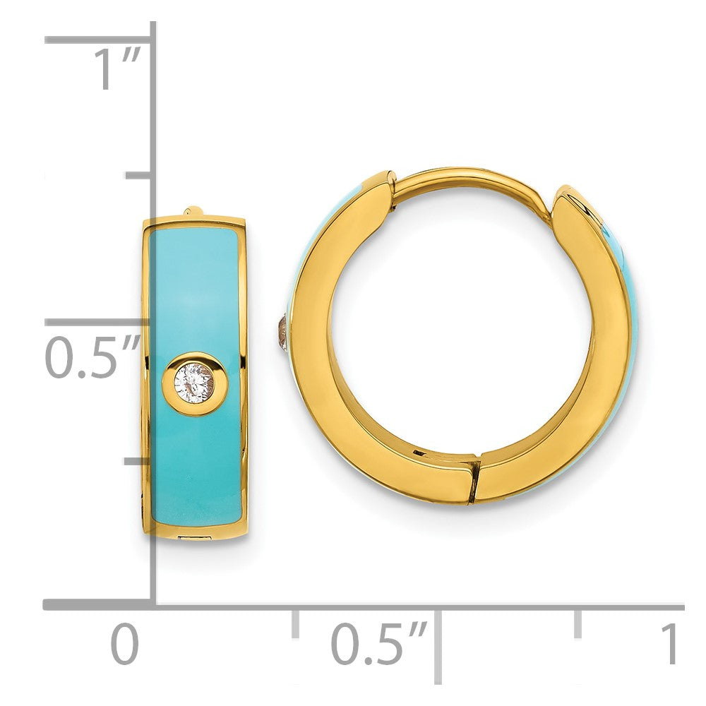 SRE1695 Chisel Stainless Steel Polished Yellow IP-plated with Blue Enamel and CZ 5mm Hinged Hoop Earrings