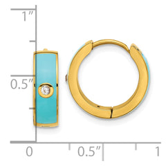SRE1695 Chisel Stainless Steel Polished Yellow IP-plated with Blue Enamel and CZ 5mm Hinged Hoop Earrings