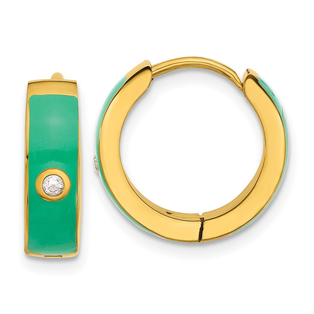 SRE1696 Chisel Stainless Steel Polished Yellow IP-plated with Green Enamel and CZ 5mm Hinged Hoop Earrings