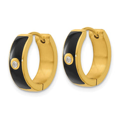 SRE1697 Chisel Stainless Steel Polished Yellow IP-plated with Black Enamel and CZ 5mm Hinged Hoop Earrings
