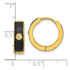 SRE1697 Chisel Stainless Steel Polished Yellow IP-plated with Black Enamel and CZ 5mm Hinged Hoop Earrings
