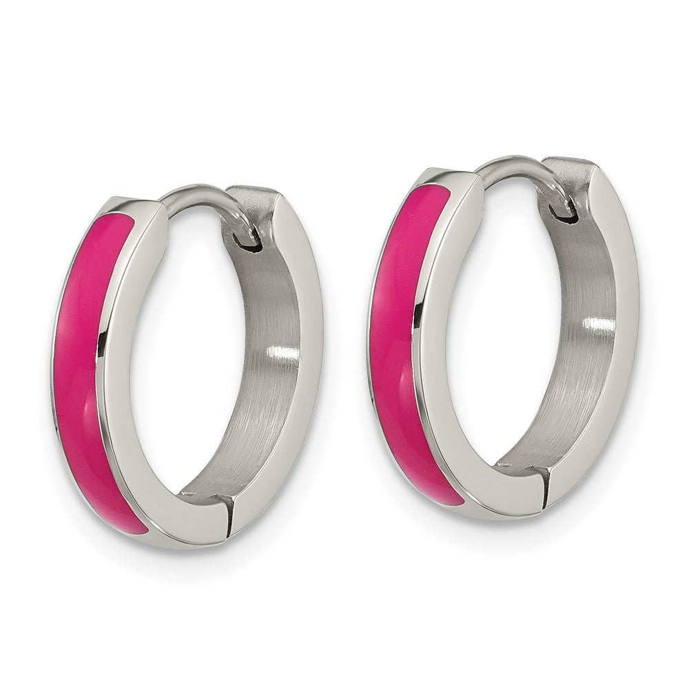 SRE1700 Chisel Stainless Steel Polished with Pink Enamel 2.90mm Hinged Hoop Earrings