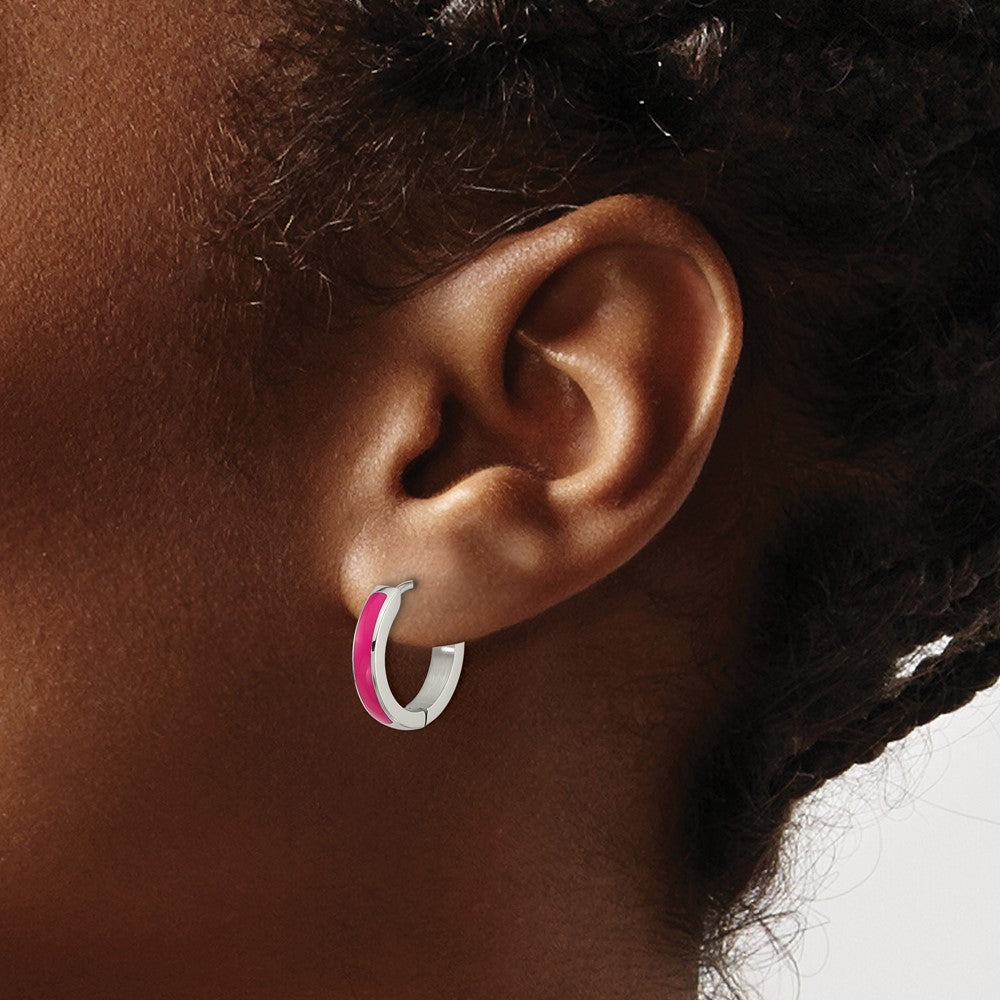 SRE1700 Chisel Stainless Steel Polished with Pink Enamel 2.90mm Hinged Hoop Earrings
