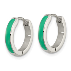 SRE1701 Chisel Stainless Steel Polished with Green Enamel 2.90mm Hinged Hoop Earrings