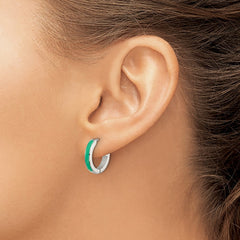 SRE1701 Chisel Stainless Steel Polished with Green Enamel 2.90mm Hinged Hoop Earrings