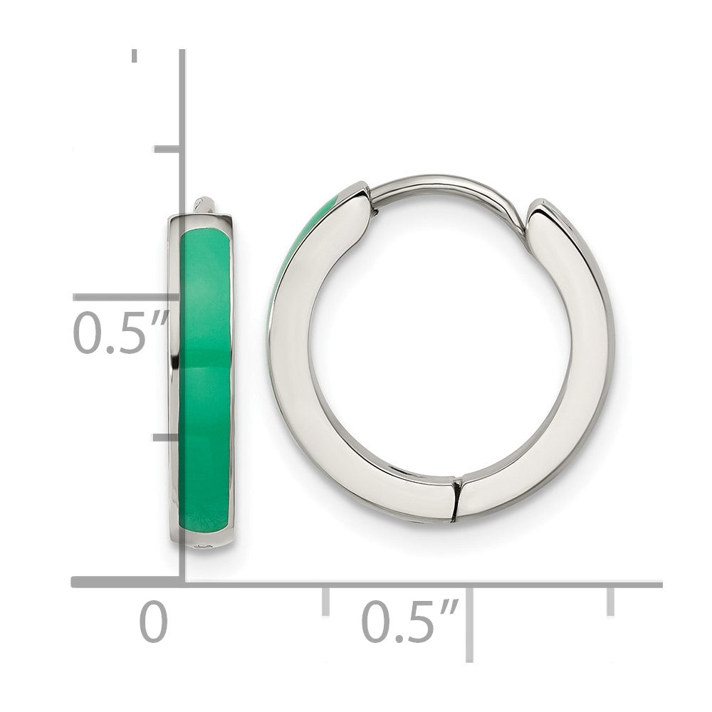 SRE1701 Chisel Stainless Steel Polished with Green Enamel 2.90mm Hinged Hoop Earrings