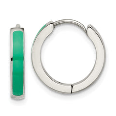 SRE1701 Chisel Stainless Steel Polished with Green Enamel 2.90mm Hinged Hoop Earrings