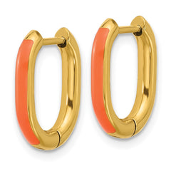 SRE1703 Chisel Stainless Steel Polished Yellow IP-plated with Orange Enamel 2.40mm Elongated Hinged Hoop Earrings