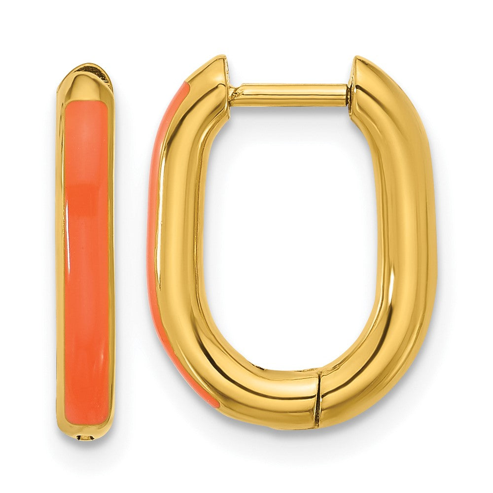 SRE1703 Chisel Stainless Steel Polished Yellow IP-plated with Orange Enamel 2.40mm Elongated Hinged Hoop Earrings