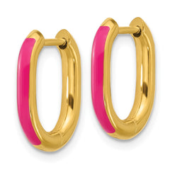 SRE1704 Chisel Stainless Steel Polished Yellow IP-plated with Pink Enamel 2.40mm Elongated Hinged Hoop Earrings