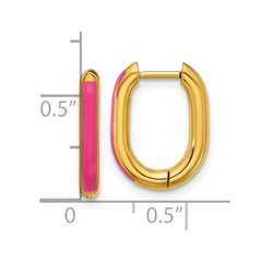 SRE1704 Chisel Stainless Steel Polished Yellow IP-plated with Pink Enamel 2.40mm Elongated Hinged Hoop Earrings
