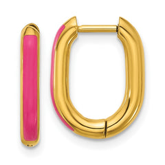 SRE1704 Chisel Stainless Steel Polished Yellow IP-plated with Pink Enamel 2.40mm Elongated Hinged Hoop Earrings