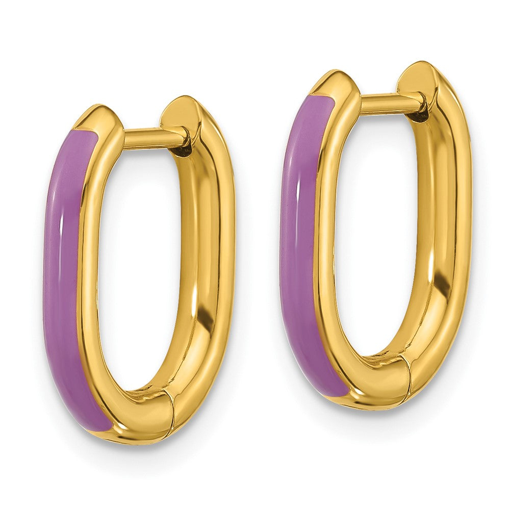 SRE1705 Chisel Stainless Steel Polished Yellow IP-plated with Purple Enamel 2.40mm Elongated Hinged Hoop Earrings