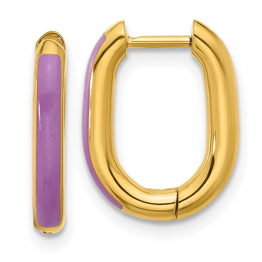 SRE1705 Chisel Stainless Steel Polished Yellow IP-plated with Purple Enamel 2.40mm Elongated Hinged Hoop Earrings