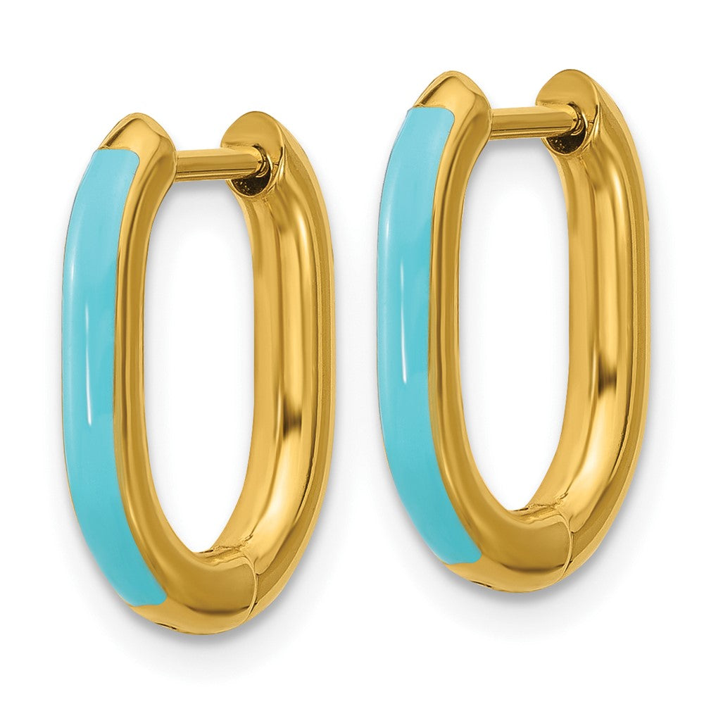 SRE1707 Chisel Stainless Steel Polished Yellow IP-plated with Blue Enamel 2.40mm Elongated Hinged Hoop Earrings