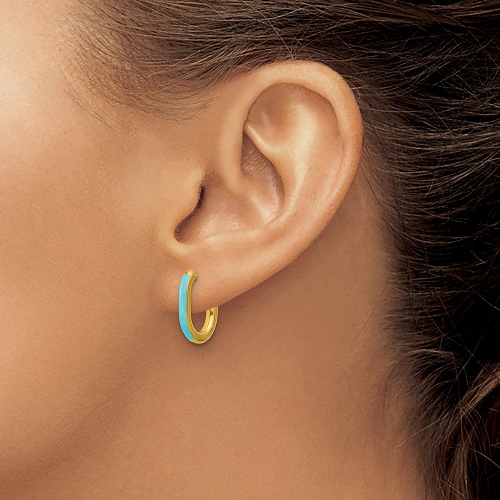 SRE1707 Chisel Stainless Steel Polished Yellow IP-plated with Blue Enamel 2.40mm Elongated Hinged Hoop Earrings