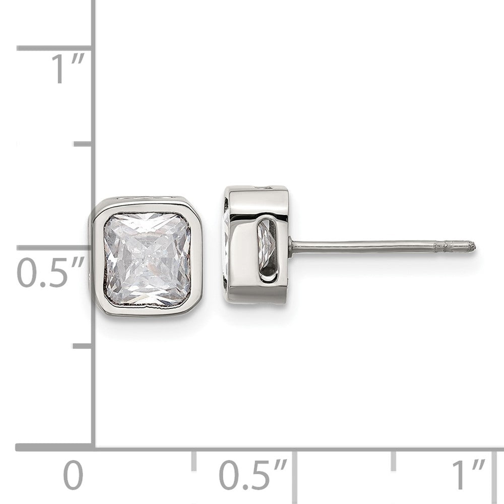 SRE1712 Chisel Stainless Steel Polished 6mm CZ Squared Stud Earrings