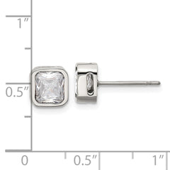 SRE1712 Chisel Stainless Steel Polished 6mm CZ Squared Stud Earrings