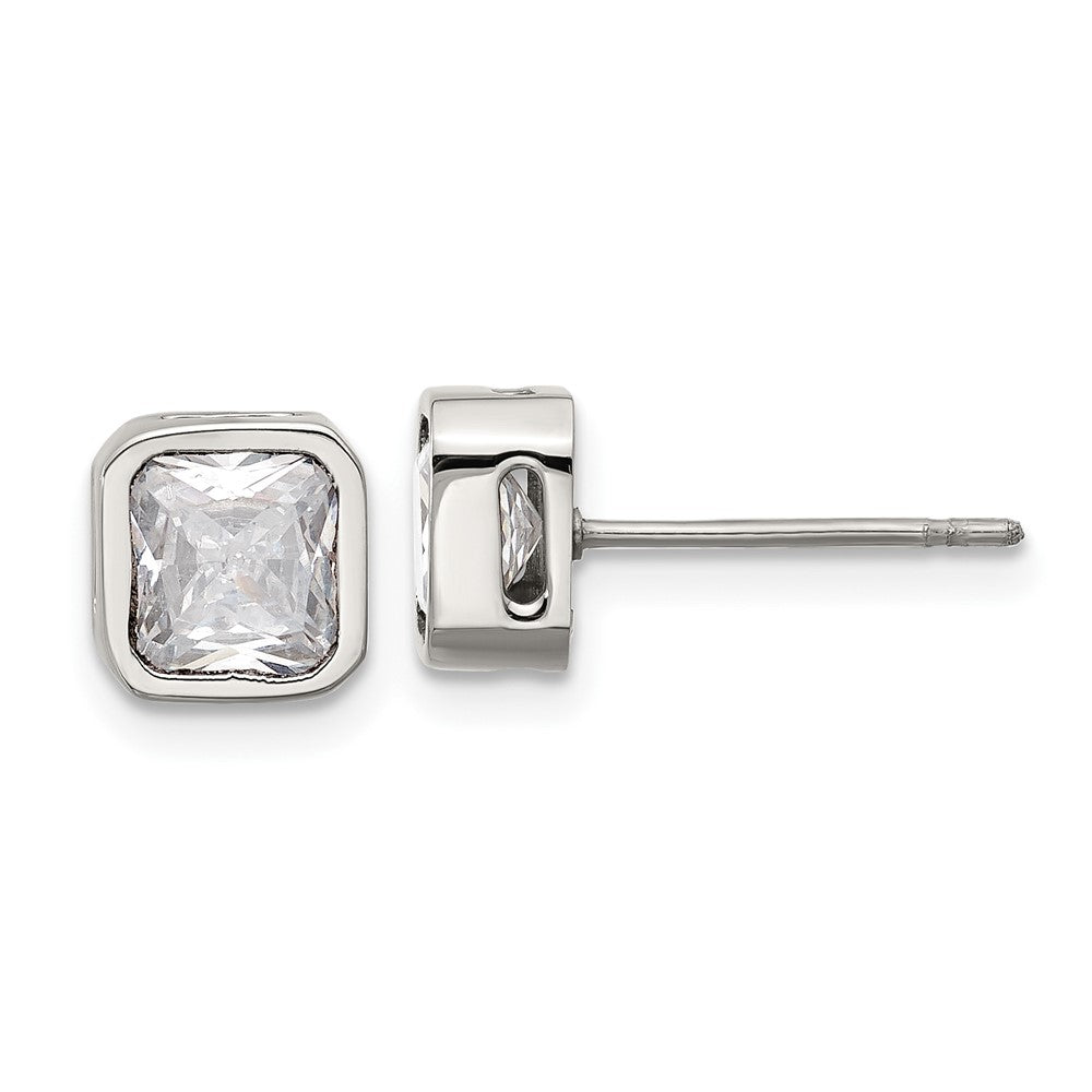 SRE1712 Chisel Stainless Steel Polished 6mm CZ Squared Stud Earrings