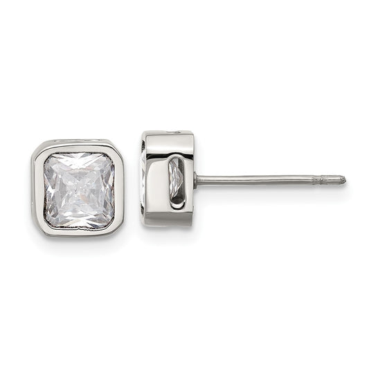 SRE1712 Chisel Stainless Steel Polished 6mm CZ Squared Stud Earrings