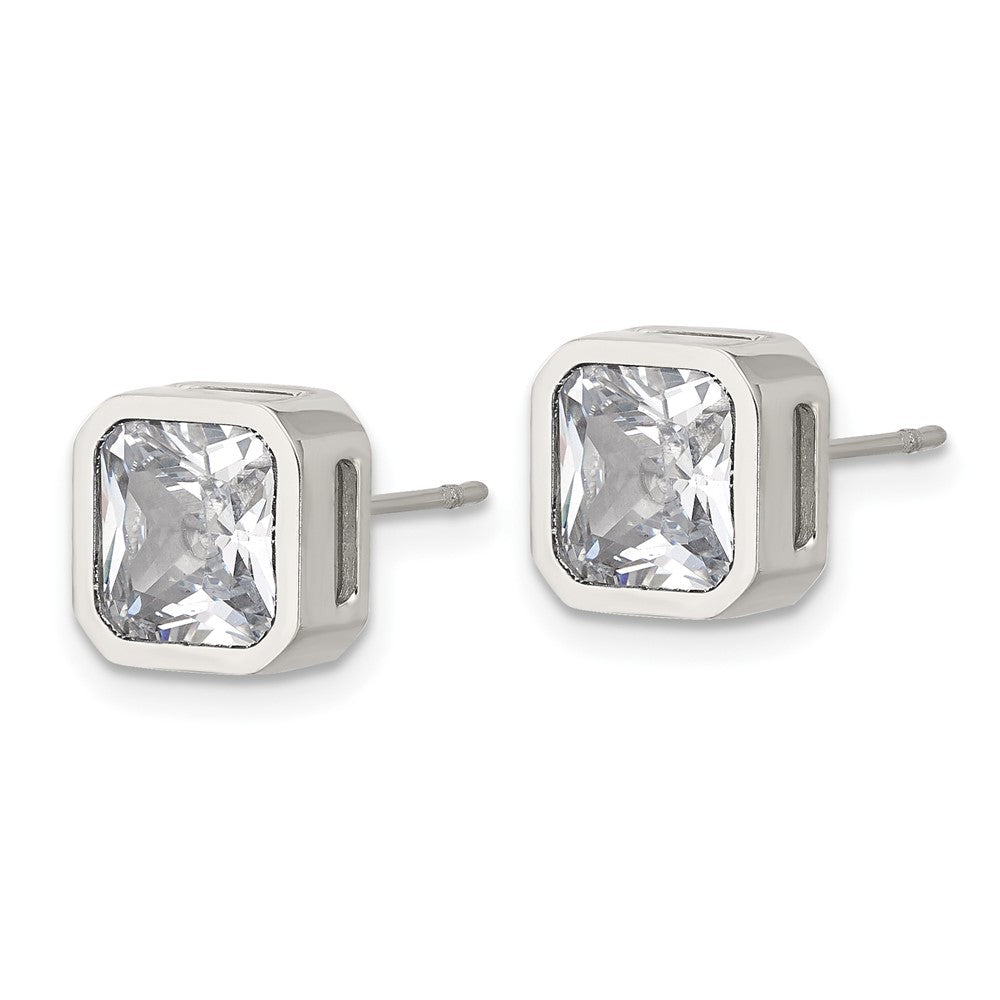 SRE1713 Chisel Stainless Steel Polished 7mm CZ Squared Stud Earrings