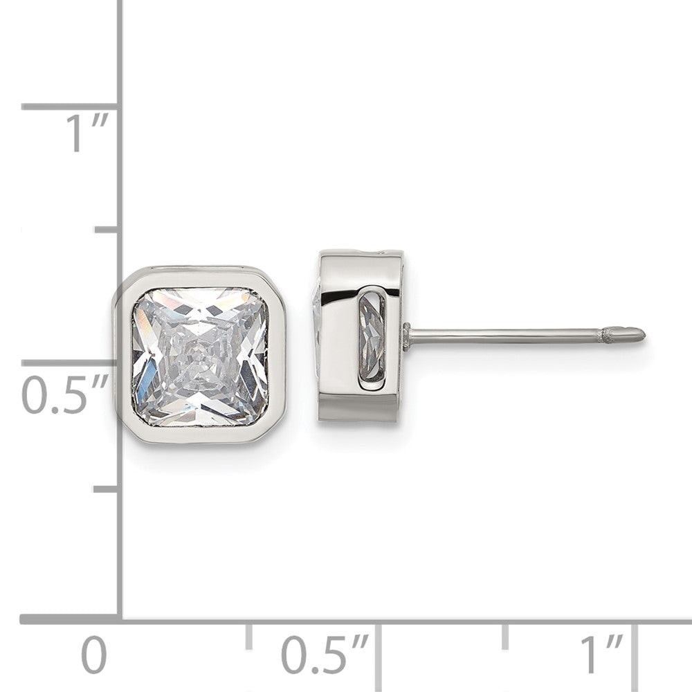 SRE1713 Chisel Stainless Steel Polished 7mm CZ Squared Stud Earrings
