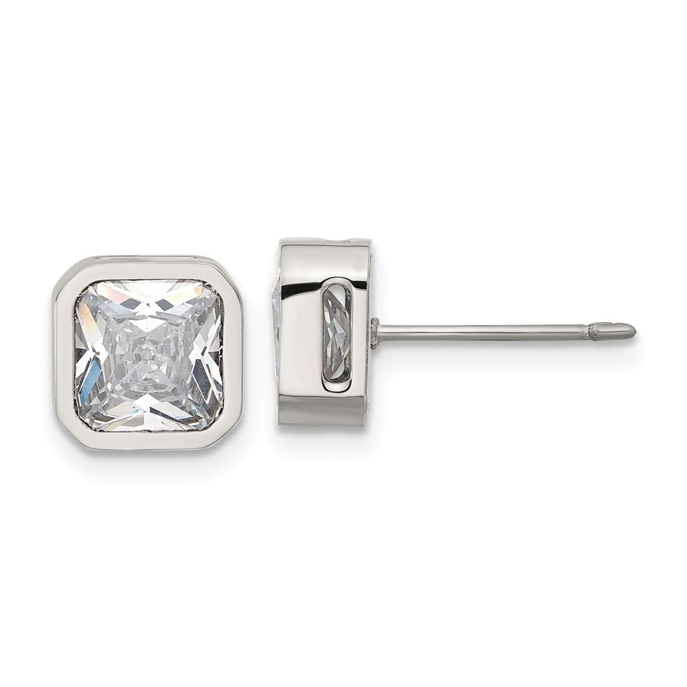 SRE1713 Chisel Stainless Steel Polished 7mm CZ Squared Stud Earrings