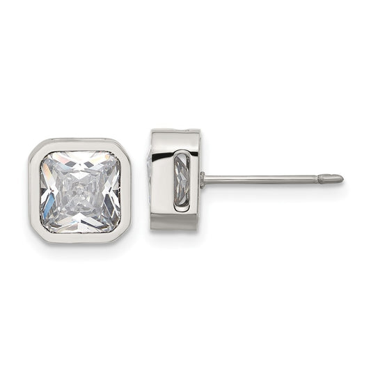 SRE1713 Chisel Stainless Steel Polished 7mm CZ Squared Stud Earrings