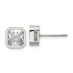 SRE1713 Chisel Stainless Steel Polished 7mm CZ Squared Stud Earrings