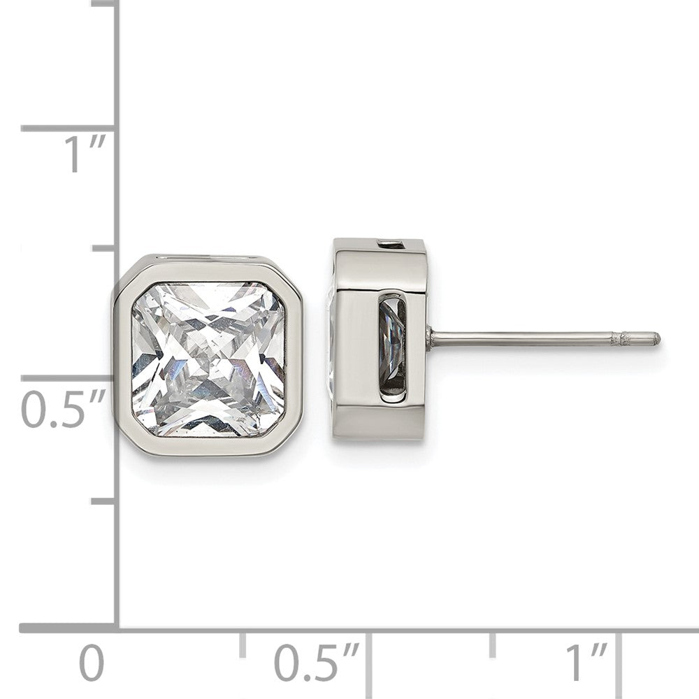 SRE1714 Chisel Stainless Steel Polished 8mm CZ Squared Stud Earrings