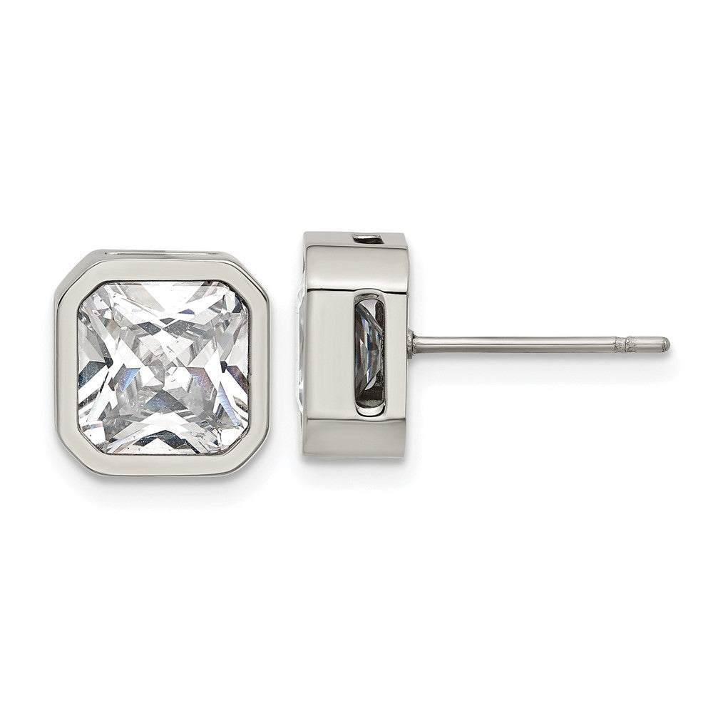 SRE1714 Chisel Stainless Steel Polished 8mm CZ Squared Stud Earrings