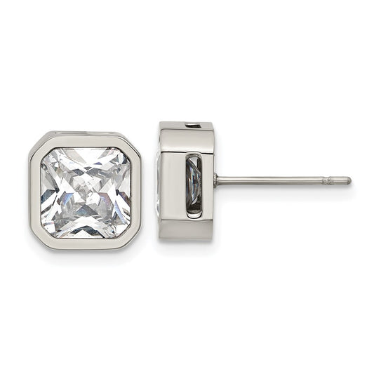 SRE1714 Chisel Stainless Steel Polished 8mm CZ Squared Stud Earrings