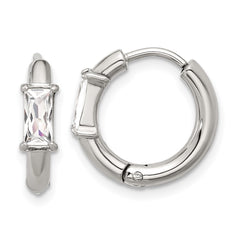 SRE1733 Chisel Stainless Steel Polished Rectangle CZ Hinged Hoop Earrings