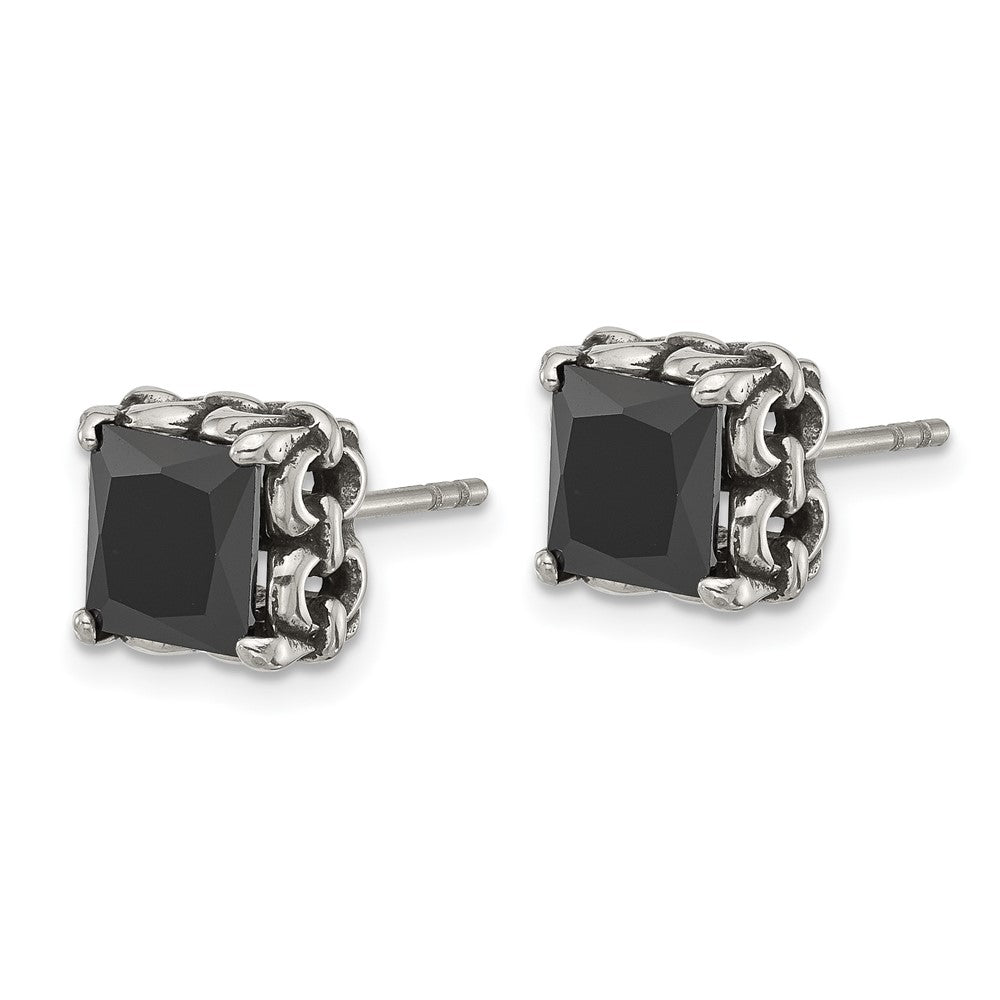 SRE1737 Chisel Stainless Steel Antiqued and Polished Square Black CZ Stud Earrings