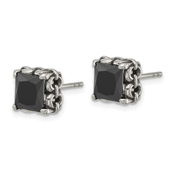 SRE1737 Chisel Stainless Steel Antiqued and Polished Square Black CZ Stud Earrings