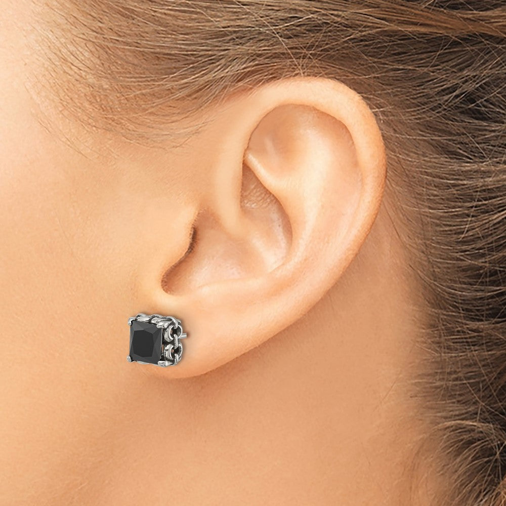 SRE1737 Chisel Stainless Steel Antiqued and Polished Square Black CZ Stud Earrings