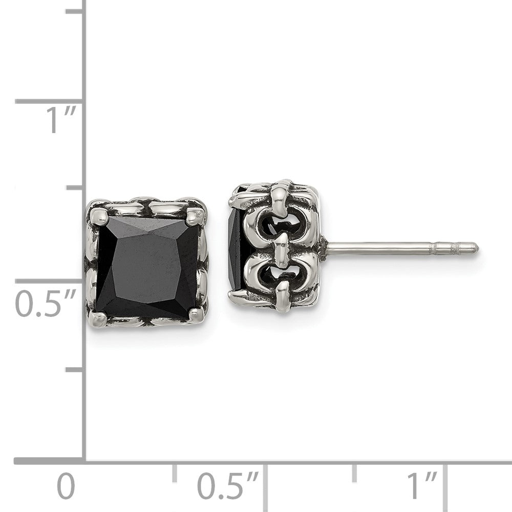 SRE1737 Chisel Stainless Steel Antiqued and Polished Square Black CZ Stud Earrings