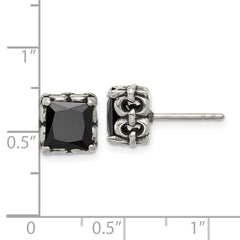 SRE1737 Chisel Stainless Steel Antiqued and Polished Square Black CZ Stud Earrings