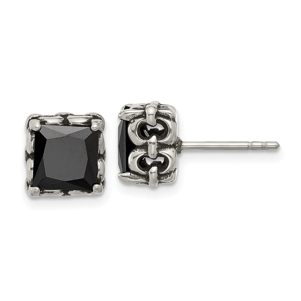 SRE1737 Chisel Stainless Steel Antiqued and Polished Square Black CZ Stud Earrings