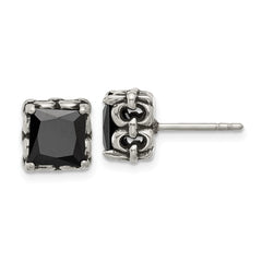 SRE1737 Chisel Stainless Steel Antiqued and Polished Square Black CZ Stud Earrings