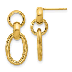 SRE1739 Chisel Stainless Steel Polished and Textured Yellow IP-plated Open Link Post Dangle Earrings