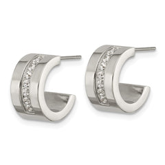 SRE1751 Chisel Stainless Steel Polished CZ 12mm Post Hoop Earrings