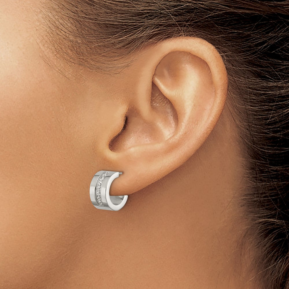 SRE1751 Chisel Stainless Steel Polished CZ 12mm Post Hoop Earrings