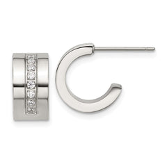 SRE1751 Chisel Stainless Steel Polished CZ 12mm Post Hoop Earrings