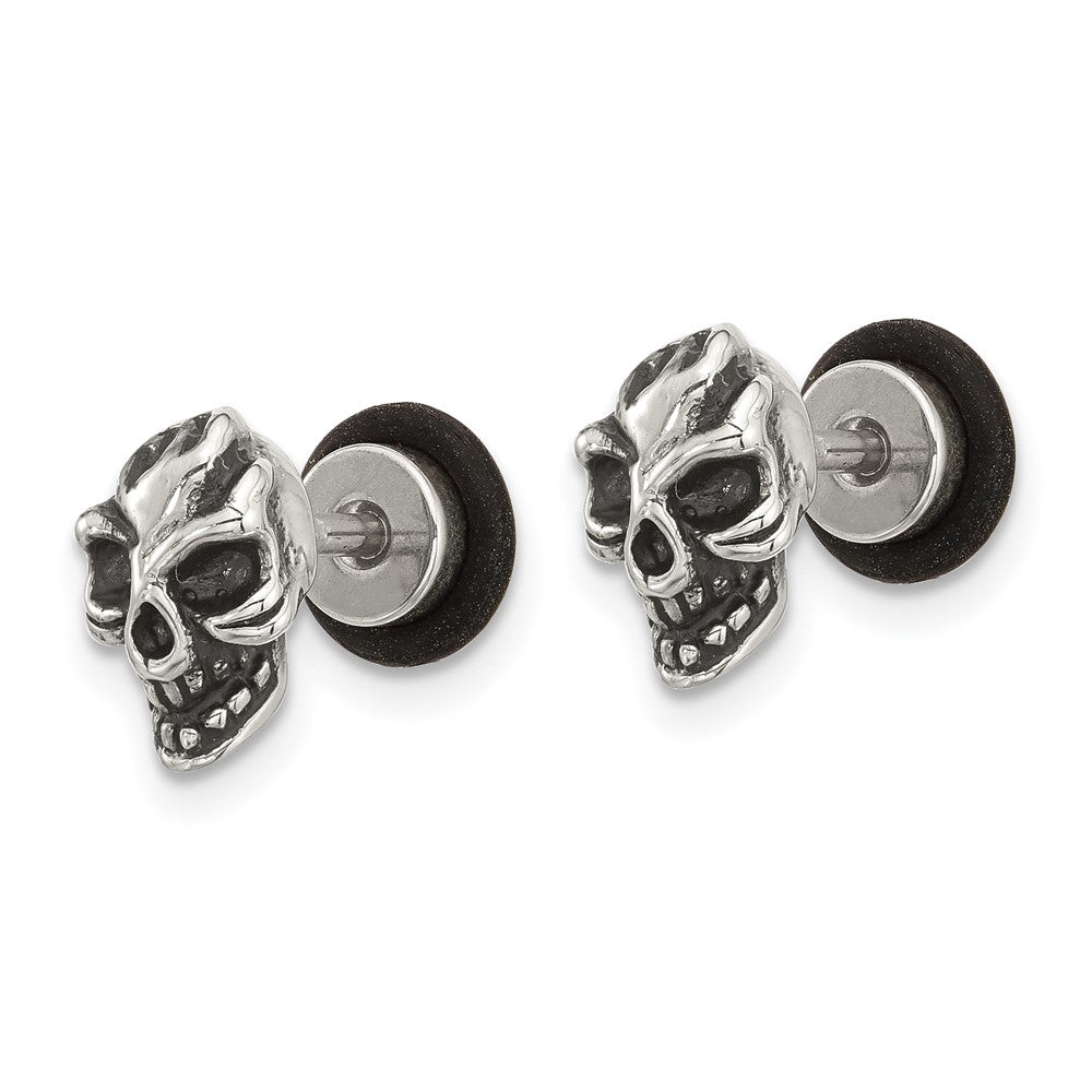 SRE1753 Chisel Stainless Steel Antiqued and Polished Skull Post Earrings